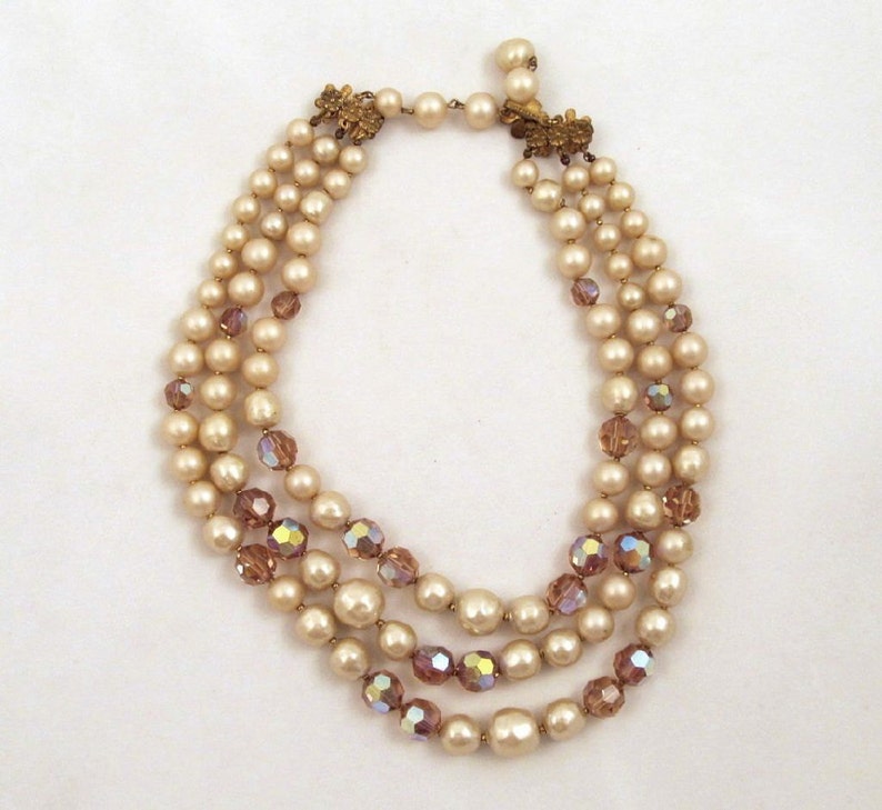 DeMario Multistrand Necklace Champagne Crystals Faux Baroque Pearls Rhinestone Clasp Vintage