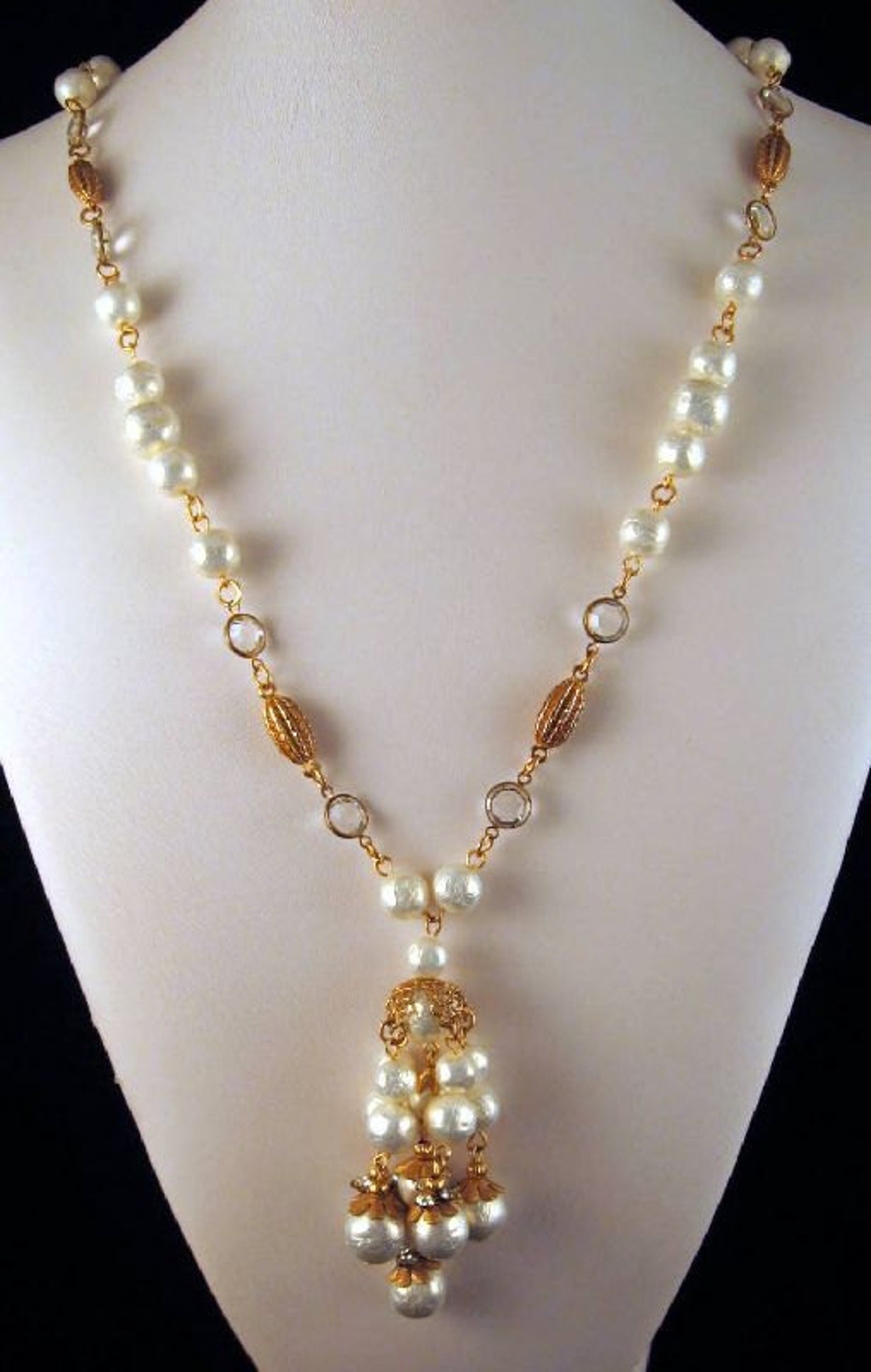 Sautoir Necklace Faux Pearls Bezelset Crystals Goldtone Etsy