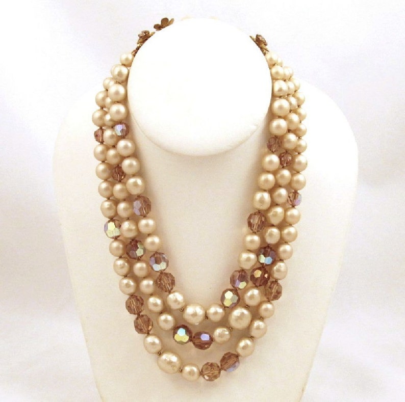 DeMario Multistrand Necklace Champagne Crystals Faux Baroque Pearls Rhinestone Clasp Vintage