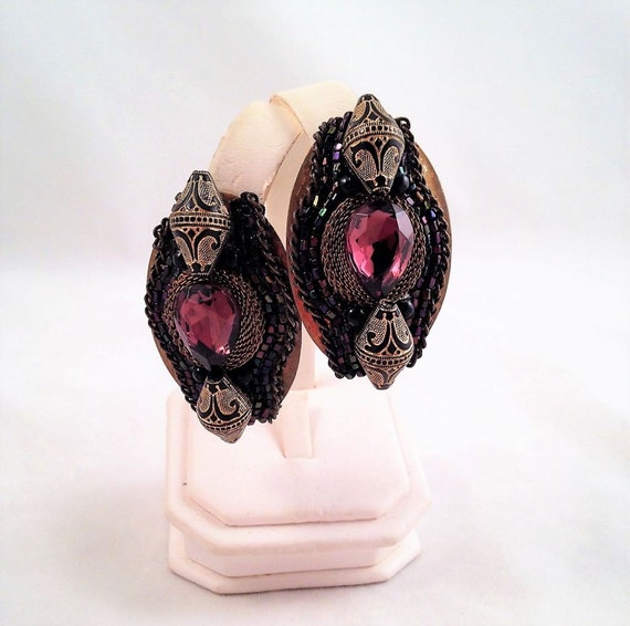 Brass Snake Earrings Black Enamel Vintage Artisan