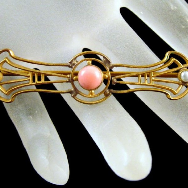 Egyptian Revival Art Deco Brooch Bar Pin Brass Pink Art Glass Vintage
