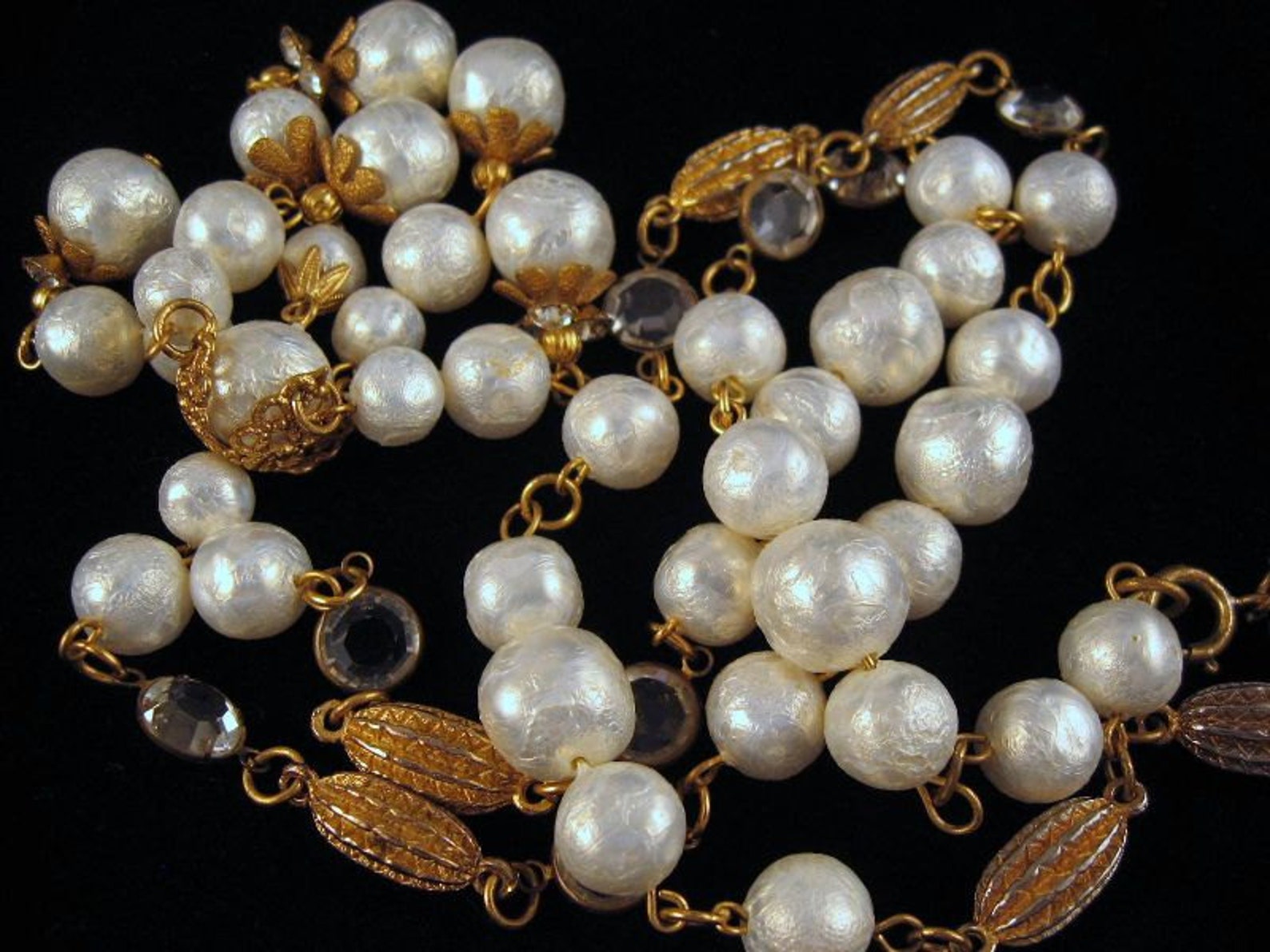 Sautoir Necklace Faux Pearls Bezelset Crystals Goldtone Etsy