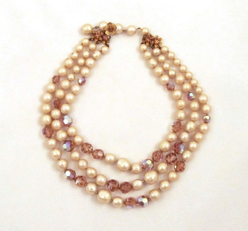 DeMario Multistrand Necklace Champagne Crystals Faux Baroque Pearls Rhinestone Clasp Vintage