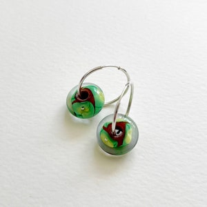 Lime & Malachite Green with threads of Acorn Brown Handmade Lampwork Glass Beads on Sterling Silver Hoops