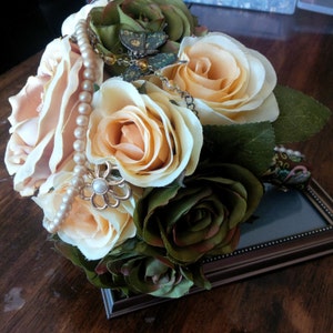 Clearance-brooch and silk bouquet-olive, chocolate, and cream -Final price, NOT Deposit - bouquet toss - bridesmaid bouquet