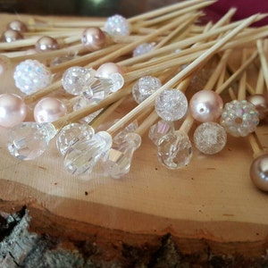 50 3.75&quot; dessert and fruit skewers in crystal, pale pink, blush, silver, and pearl - dessert table, donut bar, appetizers