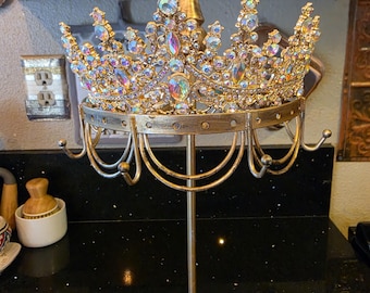 Sparkly tiara topped upcycled jewelry display and holder