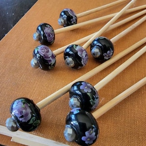 12 5&quot; skewers in black and purple floral - cake pops, martini stirrers, rock candy sticks - flat end