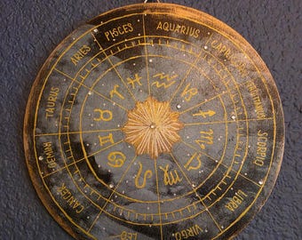 Zodiac celestial cartography handpainted wooden sign with sparkly accents