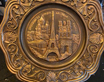 Metal Paris relief wall hanging - upcycled vintage with gold accents