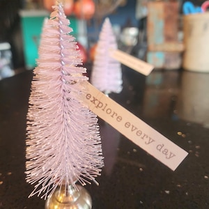 May include: Two small, light purple bottle brush Christmas trees with silver bases. One tree has a tag that reads "explore every day". The trees are on a black surface.