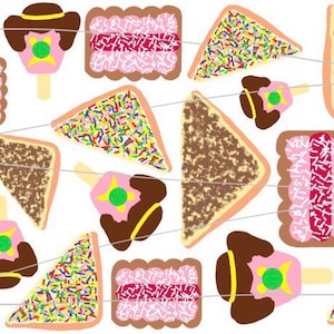 Puede incluir: Ilustración caprichosa con varios alimentos. Hay sándwiches triangulares con chispas de colores, galletas rectangulares con glaseado rosa y helados con cobertura de chocolate.