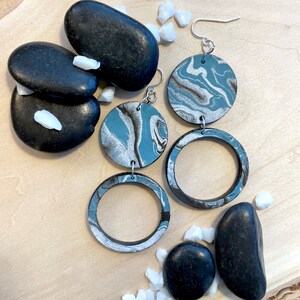 Handmade Boho Leather Dangle Earrings, Sterling Silver and Painted Leather, Leather Jewelry, Valentines Gift, Blue/Black Leather Earrings