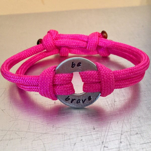 BE BRAVE Adjustable Bracelet - Personalized One Washer Double Strap Paracord Bracelet