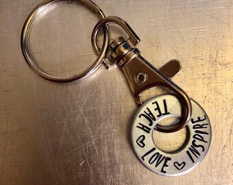 TEACH LOVE INSPIRE Keychain - Personalized One Washer Keychain  - Teacher Appreciation, Teacher Gift, Child's Names, etc