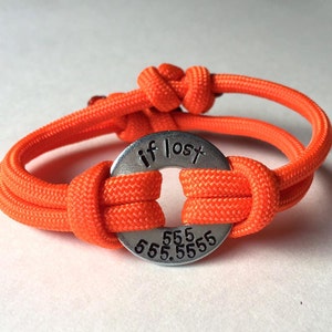 Personalized &#39;If Lost&#39; Paracord Bracelet: Vacation Safety ID, Hand Stamped Washer, Adjustable Double Strap