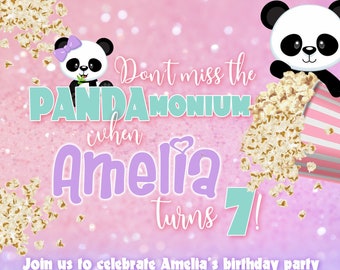 PANDAmonium and Popcorn Customizable Birthday Invitation, digital printable 5x7