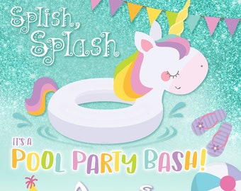 Unicorn Pool Party Customizable Birthday Invitation, digital printable 5x7