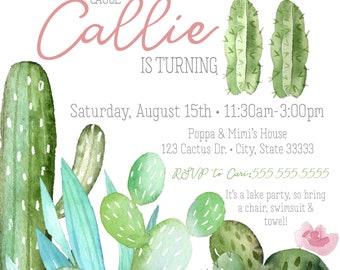 Cactus & Succulent Pink Customizable Birthday Invitation, digital printable 5x7