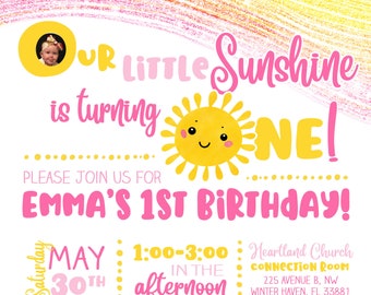 Our Little Sunshine Customizable Birthday Invitation, digital printable 5x7