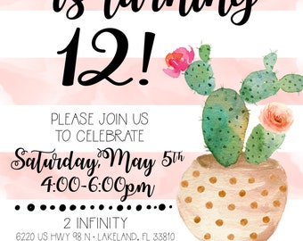 Girly Cactus Watercolor Customizable Birthday Invitation, digital printable 5x7