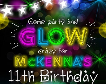 Neon Glow Party Customizable Birthday Invitation, digital printable 5x7