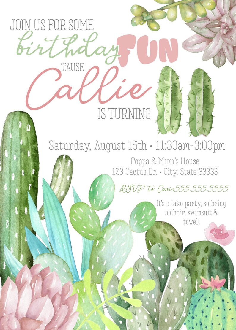 Cactus & Succulent Pink Customizable Birthday Invitation, digital printable 5x7 image 1
