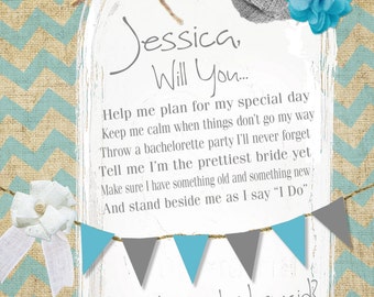 Burlap Mason Jar Customizable Bridesmaid Card, digital printable file