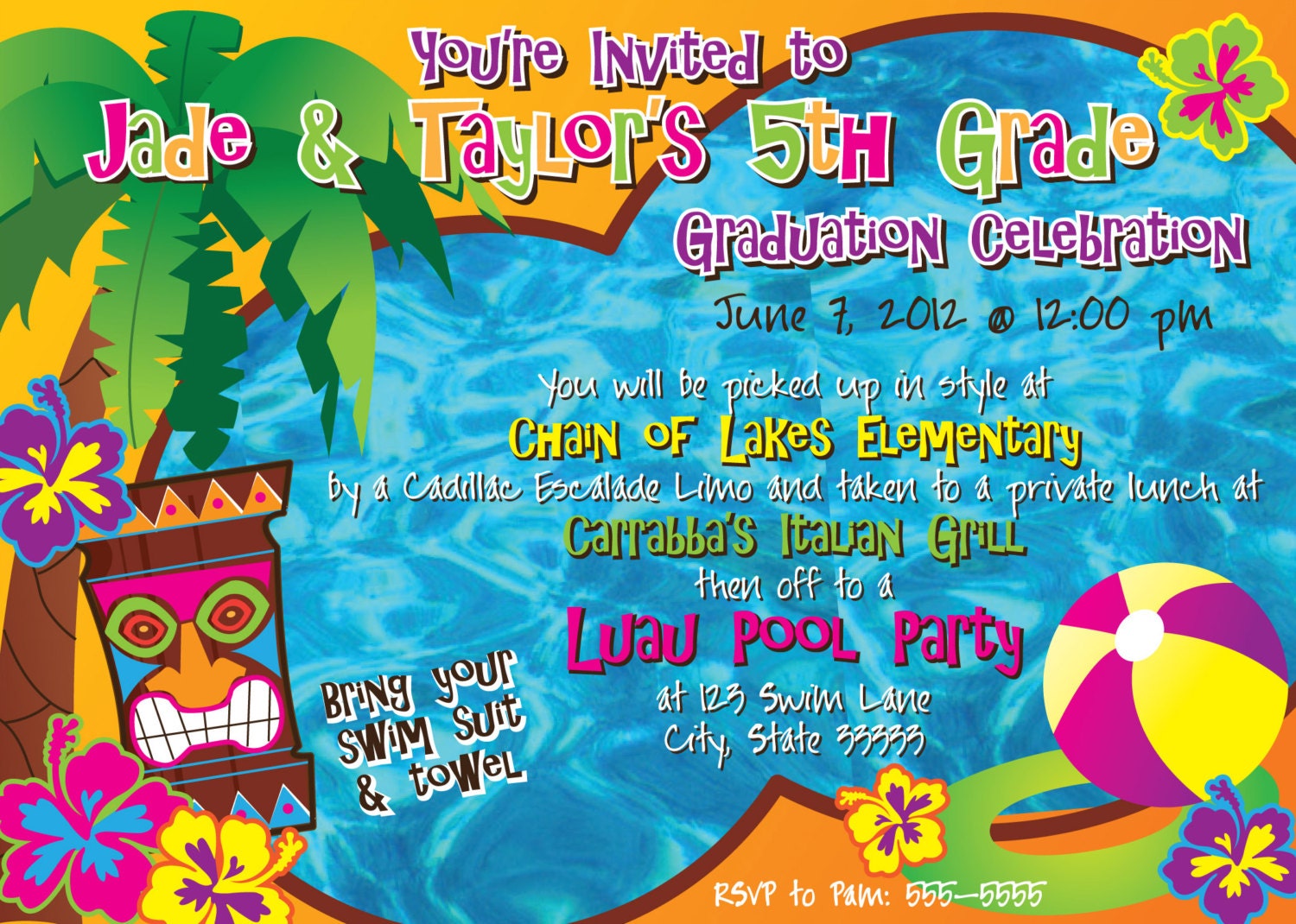 Tiki Customizable Luau Party Invitation digital printable 5x7 file