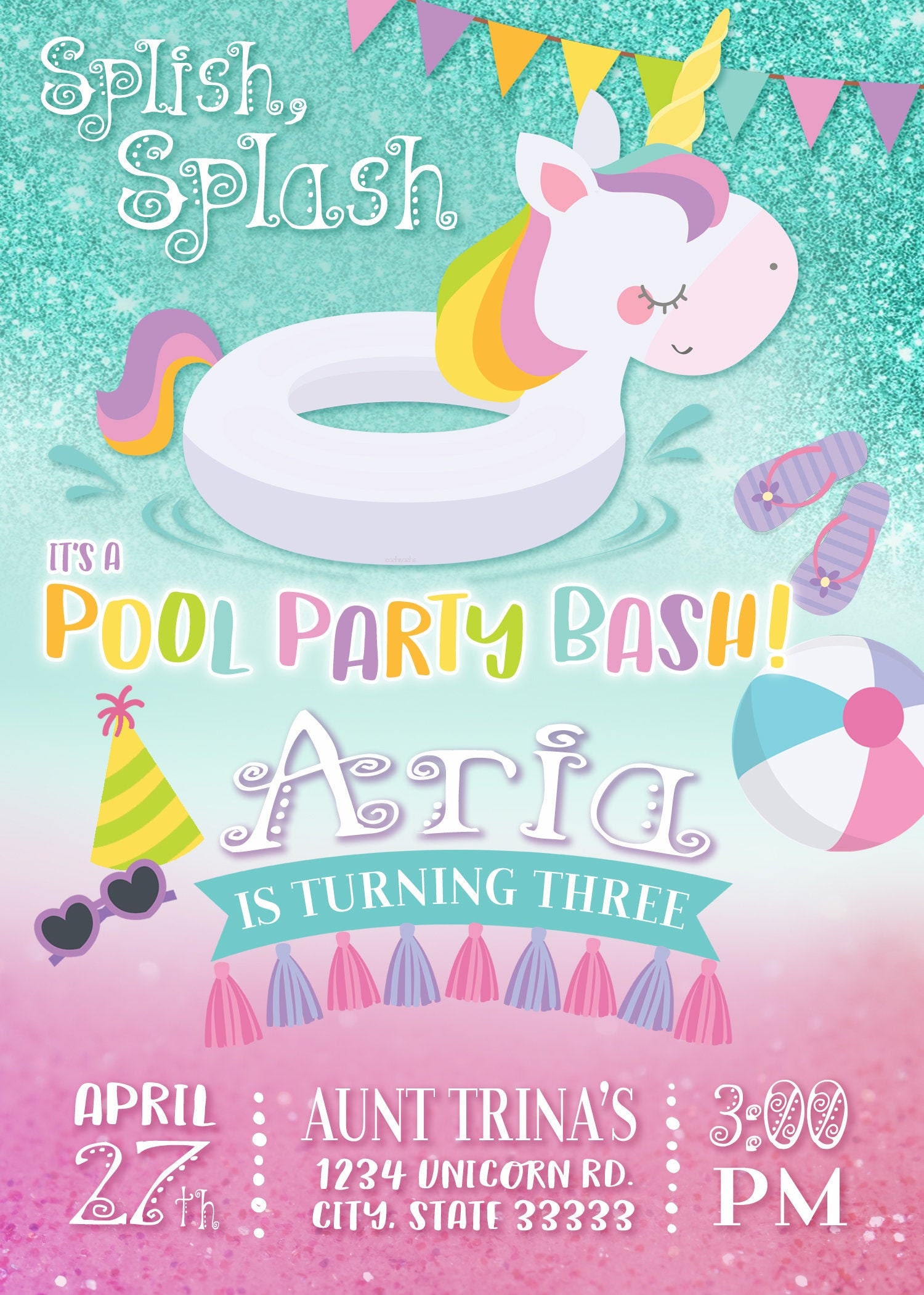 Unicorn Pool Party Customizable Birthday Invitation, Digital Printable