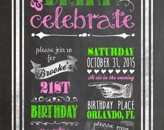 Chalkboard Customizable Birthday Invitation, digital printable 5x7 file
