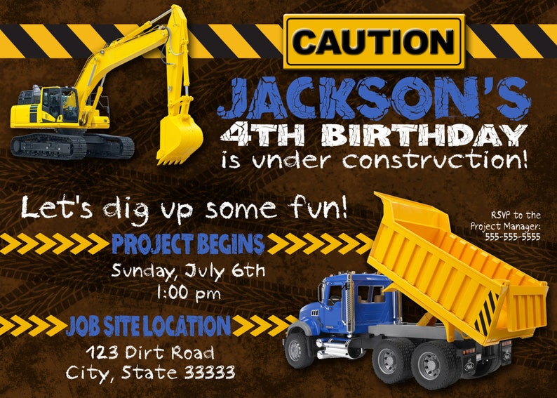 Construction Trucks Customizable Birthday Invitation, digital printable 5x7 file image 1