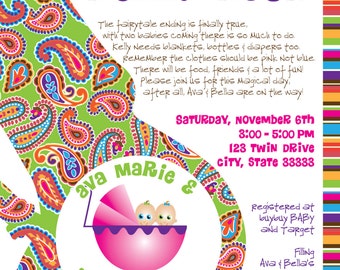 Paisley/Stripe Customizable Baby Shower Invitation, digital printable 5x7 file