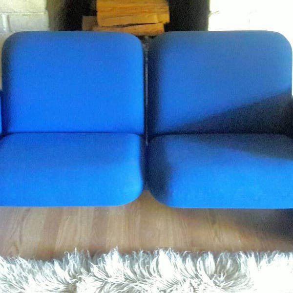 Vintage Mid Century Modern Bright Blue "Chiclet" Loveseat Sofa by Ray Wilkes for Herman Miller