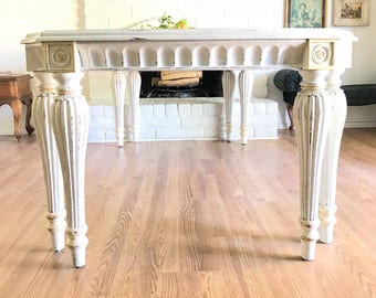Vintage Louis XVI Neoclassical Style French Country Distress Painted Solid Mahogany Urban Farmhouse Dining Table