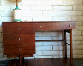 OnSaleNowVintage Stanley Mid Century Modern Walnut Desk with original chrome hardware 1950's 4-drawer writing table office storage