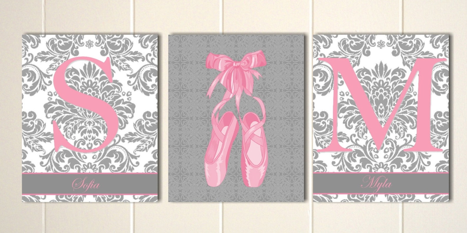 baby girl nursery, ballerina nursery, sisters wall art, damask, twins nursery art, twin girls, ballet shoes, ballet art, set of