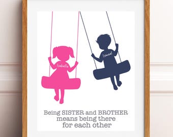 Brother and sister wall art, siblings art, shared room decor. boy girl art, brother sister quote, custom colors