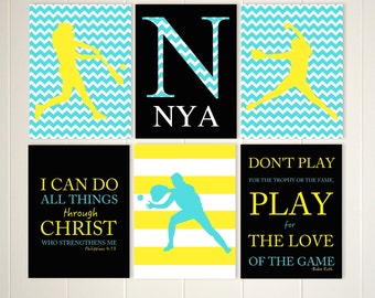 Girls softball wall art, softball art, girls inspirational art, softball, girls room decor, choose your colors and sports, set of 6 prints