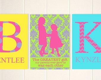 Sisters shared room decor, girls wall art, sisters art, sisters quotes, monogram children art, kids wall art, custom colors, set of 3