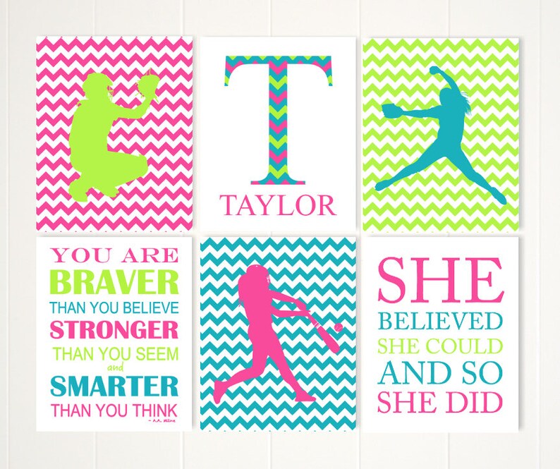 Gift for girl softball set of 6 girls wall art softball wall art softball quotes softball girls room inspirational girls sports art