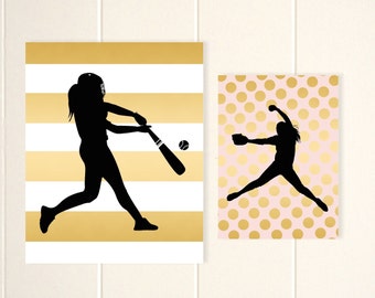 Girls sports art, softball girls art, softball pitcher, softball batter, girls art, Set of 2 prints 8x10 and 5x7