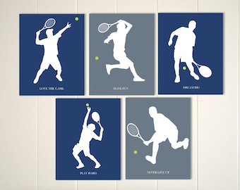 Tennis, tennis boys wall art, boys room art, sports art, tennis player, inspirational art, childrens poster, set of 5