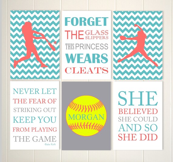 Teen Wall Art Softball Wall Art Softball Room Decor Gift For Teen Girl Inspirational Girls Art Set Of 6 Choose Your Colors And Sports