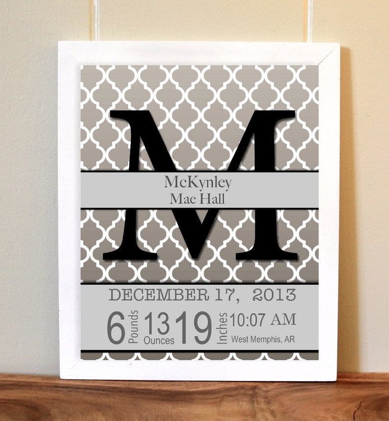 custom colors welcome baby girl nursery trellis nursery art pattern nursery art Birth details wall art grey nursery
