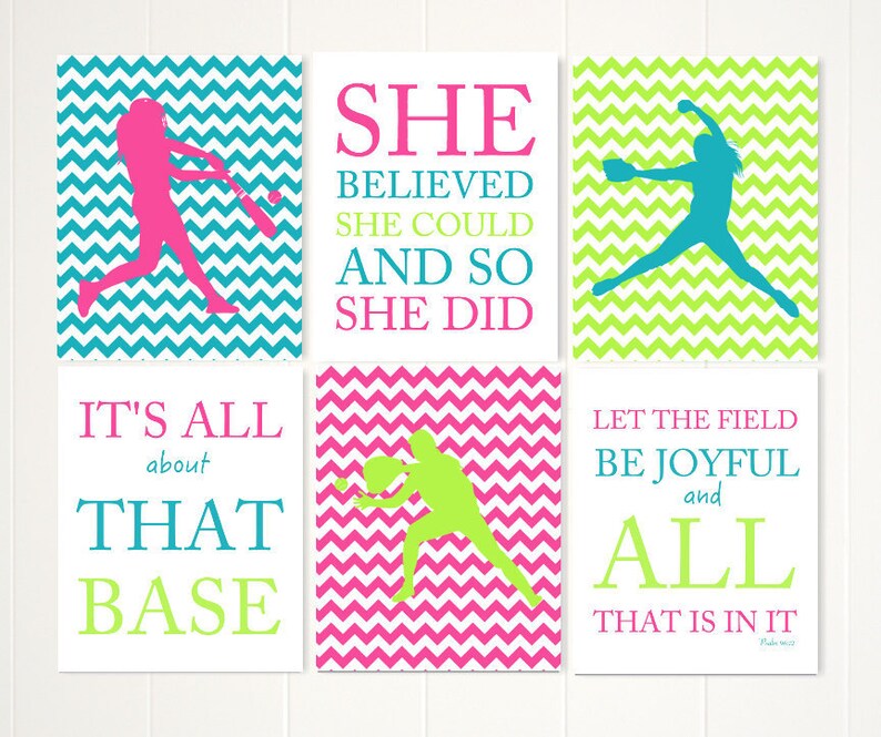 Gift for girl softball set of 6 girls wall art softball wall art softball quotes softball girls room inspirational girls sports art