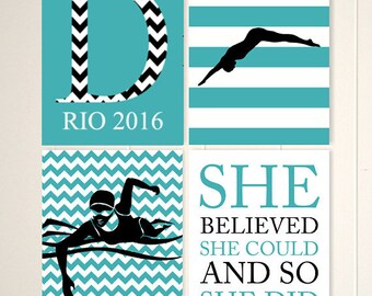 Swimming wall art, girl swimmer, girl inspirational art, choose your colors and sports