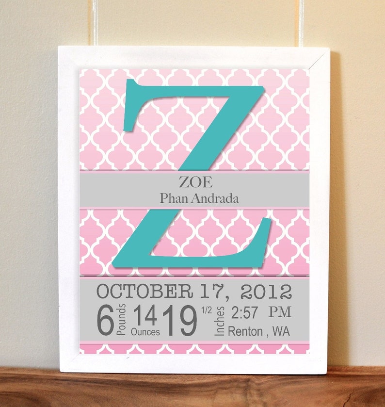 custom colors welcome baby girl nursery trellis nursery art pattern nursery art Birth details wall art grey nursery