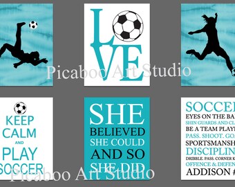 Soccer girl gift idea, soccer art print, soccer theme room decor, soccer quotes, soccer art, she believed she could, set of 6 custom prints