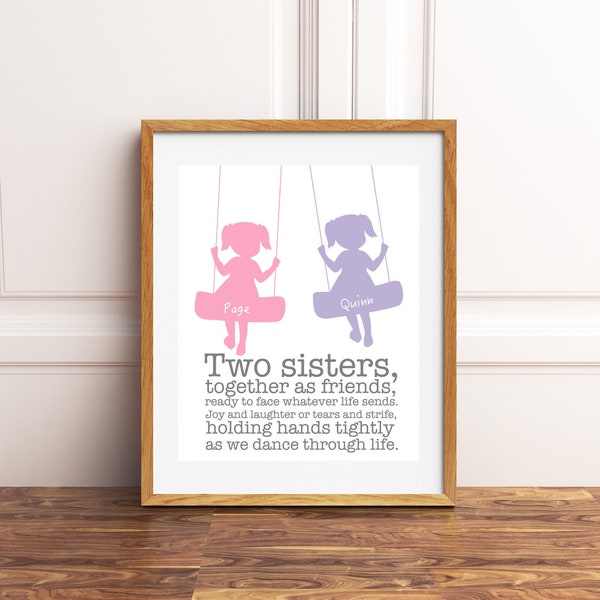 Sisters wall art, two sisters, twin girls wall art, sister shared room decor, big sister, little sister, new mom gift idea, baby shower gift